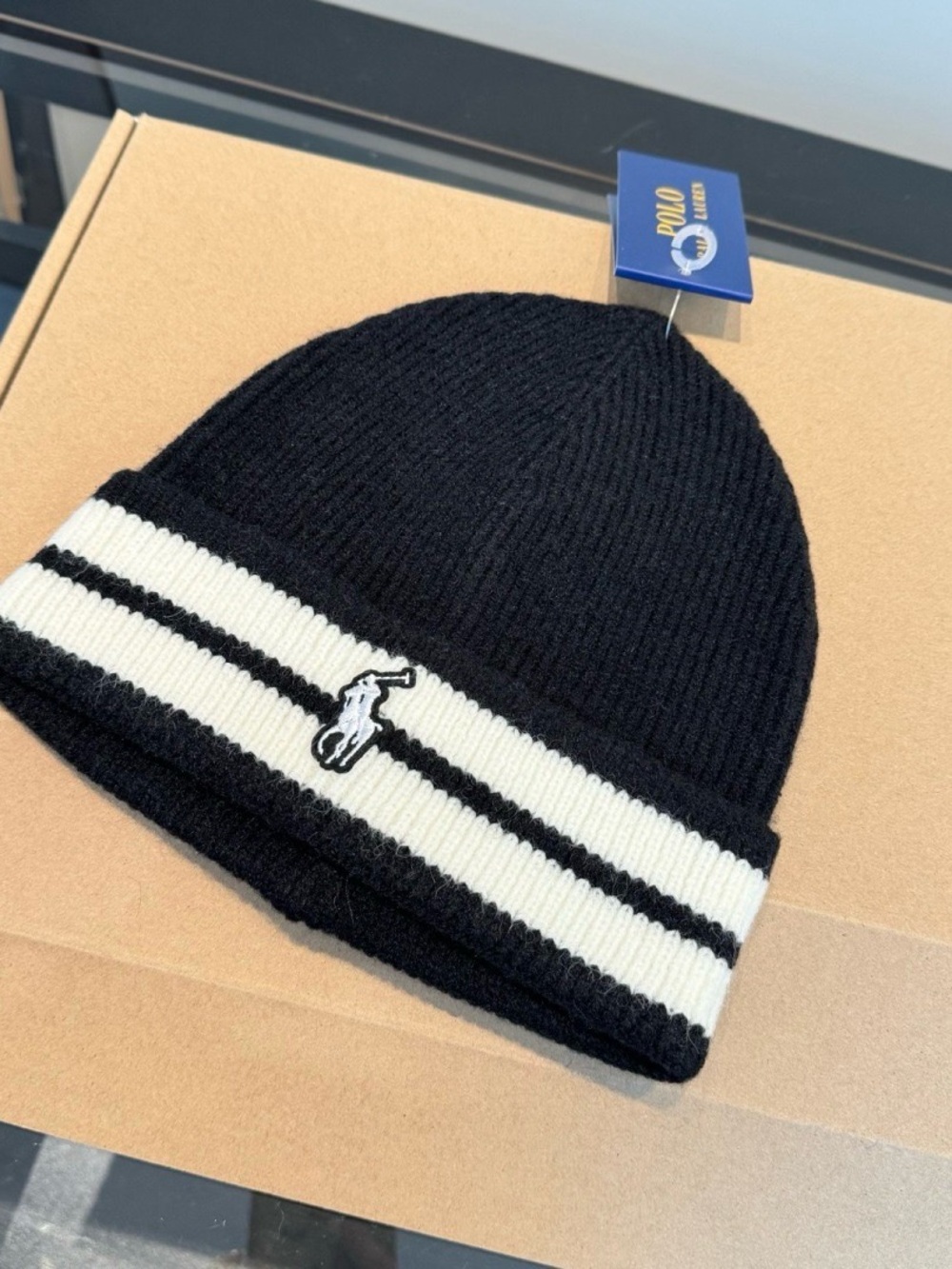 Polo by Ralph Lauren Black Knit Beanie with White Stripe and Logo
